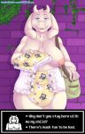  2019 5_fingers annoying_dog_(undertale) anthro bag blue_eyes boss_monster bovid breasts brick_wall caprine carnival-tricks clean_diaper diaper diaper_bag diaper_only english_text female fingers fur goat hi_res holding_diaper holding_object horn leaf long_ears looking_at_viewer mammal mettaton nipples pattern_diaper pink_nipples signature slightly_chubby smile solo text toriel touching_diaper undertale video_games wall_(disambiguation) wall_(structure) white_body white_fur 