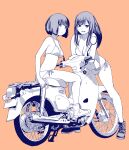  2girls absurdres bikini blush bob_cut commentary_request ground_vehicle highres honda_super_cub koguma_(super_cub) limited_palette long_hair modeling moped motor_vehicle multiple_girls onsen_tamago_(hs_egg) reiko_(super_cub) short_hair simple_background super_cub swimsuit 