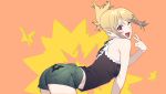  1girl ;d animal_print ass bangs bat_print black_shirt blonde_hair camisole commentary_request cowboy_shot grey_shorts heart heart-shaped_pupils henken highres leaning_forward looking_at_viewer one_eye_closed open_mouth orange_background original red_eyes shirt short_hair short_ponytail short_shorts shorts smile standing symbol-shaped_pupils v 