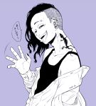  1boy asymmetrical_hair braid clothes_down collarbone commentary_request eyebrow_piercing forked_tongue nail_polish original piercing plug_(piercing) purple_background shirt sidecut signature smile solo spot_color tank_top tattoo teeth tongue tongue_out translated waving yuna-tu 