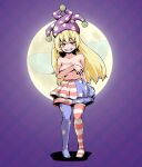  1girl american_flag_dress american_flag_legwear bangs blonde_hair breasts clothes_around_waist clothes_removed clownpiece covering covering_breasts dress fairy_wings full_body full_moon half-closed_eyes hat highres hits_(hitstts) jester_cap light_blush long_hair looking_at_viewer medium_breasts moon pantyhose polka_dot polka_dot_headwear purple_headwear red_eyes ringed_eyes sharp_teeth smile solo star_(symbol) star_print straight_hair striped teeth topless touhou transparent_wings wings 