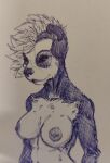  2021 anthro biped blue_nose breasts female giant_panda hair low_res mammal nipple_barbell nipple_piercing nipples nude pav piercing solo traditional_media_(artwork) ursid white_hair 