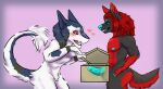  &lt;3 2021 ambiguous_gender anthro biped blue_nipples blue_nose blue_penis blush canid canine catstruction duo erection genitals hair male mammal nipples nude penis purple_background red_eyes red_hair sergal simple_background standing 