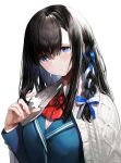  1girl black_hair blue_eyes blue_jacket blue_ribbon bow cardigan hair_bow hand_up haori_iori highres holding jacket long_hair looking_at_viewer original puzzle_piece red_bow red_neckwear ribbon ribbon_braid shadow simple_background solo white_background white_cardigan white_ribbon 