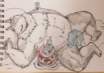  2021 anthro belly duo eyes_closed goo_creature group male moobs nanadragon4 nipples overweight overweight_male sleeping tokyo_afterschool_summoners traditional_media_(artwork) tsathoggua video_games 