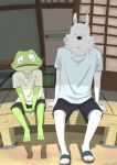  2021 amphibian anthro black_nose bottomwear canid canine canis clothing detailed_background domestic_dog duo eyes_closed footwear frog fur green_body humanoid_hands kemono male mammal outside panda_po sandals shirt shorts sitting topwear white_body white_fur 