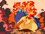  commentary fire full_body gen_2_pokemon highres hunched_over no_humans parted_lips pokemon pokemon_(creature) red_eyes smoke solo standing toes typhlosion yamaegom 