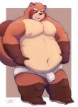  2021 anthro belly blush brown_body brown_fur bulge canid canine clothing fur genital_outline hi_res humanoid_hands i_0rai kemono male mammal moobs nipples overweight overweight_anthro overweight_male penis_outline raccoon_dog simple_background solo tanuki underwear 