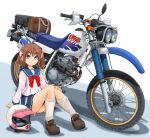  1girl ahoge bakuon!! bangs blue_eyes blue_sailor_collar blue_skirt bow bowtie brown_footwear brown_hair closed_mouth commentary_request eyebrows_visible_through_hair ground_vehicle hair_ornament headwear_removed helmet helmet_removed highres honda honda_xlr250_baja loafers logo looking_at_viewer loose_socks mikeran_(mikelan) miniskirt motor_vehicle motorcycle partial_commentary pleated_skirt red_neckwear sailor_collar sakura_hane school_uniform serafuku shadow shoes short_hair single_horizontal_stripe sitting skirt smile solo white_headwear white_legwear wing_hair_ornament 