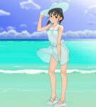  1girl adjusting_clothes adjusting_headwear bangs beach black_eyes black_hair blue_sky blurry blurry_background braid closed_mouth cloud cloudy_sky commentary_request covered_navel day dress dress_tug hat horizon looking_at_viewer low_twintails maburu_(lojyq1eur3e8bit) medium_hair ocean original outdoors sandals see-through short_dress sky sleeveless sleeveless_dress smile solo standing sun_hat sundress twin_braids twintails waves white_dress white_footwear white_headwear wind wind_lift 