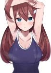  1girl ahoge armpits arms_up bangs blue_eyes blue_swimsuit blurry blush breasts brown_hair cleavage collarbone commentary_request depth_of_field eyebrows_visible_through_hair eyelashes hair_between_eyes hair_ornament highres kobinbin large_breasts looking_at_viewer mihono_bourbon_(umamusume) one-piece_swimsuit open_mouth school_swimsuit shiny shiny_hair sidelocks simple_background solo steaming_body sweat sweatdrop swimsuit umamusume upper_body white_background 