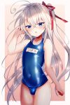  1boy absurdres aki_(doku) blue_eyes blue_swimsuit blush bulge competition_school_swimsuit crossdressing erection erection_under_clothes hair_ribbon highres long_hair male_focus name_tag old_school_swimsuit one-piece_swimsuit original otoko_no_ko ribbon school_swimsuit simple_background swimsuit white_hair 