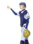  1boy ace_of_diamond baseball_mitt baseball_uniform blonde_hair blue_eyes gloves hair_between_eyes hand_up helmet highres knee_pads long_sleeves mari_(marimaripink) okumura_koushuu open_mouth pants pointing profile simple_background single_glove solo sportswear standing white_background white_gloves white_pants 