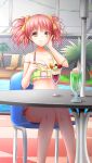  1girl :q bangs breasts brown_eyes cleavage closed_mouth collarbone day doukyuusei doukyuusei_another_world drinking_straw eyebrows_visible_through_hair game_cg hair_between_eyes hair_ribbon holding holding_spoon long_hair medium_breasts official_art outdoors pink_hair pool ribbon shiny shiny_hair sitting smile solo spoon suzuhi_miho tongue tongue_out twintails yellow_ribbon 