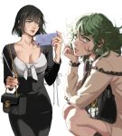  2girls absurdres bag bangs black_dress black_hair blush breasts cellphone cleavage curly_hair dress earrings flipped_hair fubuki_(one-punch_man) green_eyes green_hair handbag highres holding holding_phone jewelry large_breasts looking_to_the_side multiple_girls nail_polish one-punch_man parted_lips phone red_nails ring short_hair smartphone squatting tatsumaki taut_clothes taut_dress thisuserisalive 