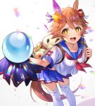  ! +_+ 1girl :d animal_bag animal_ears bangs blue_sailor_collar blue_skirt bow brown_hair clothing_cutout collarbone commentary_request confetti crystal_ball daruma_doll ear_covers hair_between_eyes hair_ornament highres holding holding_strap horse_ears horse_girl horse_tail leaning_forward looking_at_viewer maneki-neko matikanefukukitaru_(umamusume) miniskirt mizore_syrup motion_blur neckerchief open_mouth pleated_skirt red_bow red_neckwear sailor_collar school_uniform serafuku shiny shiny_hair short_hair short_sleeves shoulder_cutout sidelocks simple_background single_ear_cover skirt smile solo standing tail thighhighs umamusume v-shaped_eyebrows white_background white_legwear yellow_eyes 