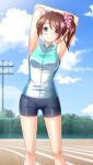  1girl armpits arms_up bangs blue_jacket blue_sky breasts brown_hair closed_mouth cloud day doukyuusei_2 doukyuusei_another_world eyebrows_visible_through_hair game_cg grey_shorts hair_between_eyes hair_ornament hair_scrunchie jacket leaning_to_the_side lens_flare long_hair looking_at_viewer medium_breasts official_art outdoors pink_scrunchie purple_eyes satozaki_minatsu scrunchie shiny shiny_hair short_shorts shorts side_ponytail sky sleeveless sleeveless_jacket smile solo stadium standing stretch swept_bangs track_and_field two-tone_jacket white_jacket 