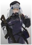  1girl artist_name assault_rifle bag bangs beret breasts eyebrows_visible_through_hair girls_frontline gloves green_eyes gun h&amp;k_hk416 hat highres hk416_(girls_frontline) holding holding_weapon knife_holster long_hair looking_at_viewer medium_breasts open_mouth rifle silver_hair solo sutekina_awa uniform weapon white_background white_gloves 