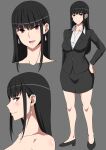  1girl absurdres bangs black_hair black_skirt black_suit blush breasts character_sheet collarbone collared_shirt dress_shirt earrings formal full_body hara_(harayutaka) highres jewelry large_breasts long_hair long_sleeves looking_at_viewer multiple_views office_lady open_mouth original pencil_skirt red_eyes shirt skirt skirt_suit smile suit white_shirt 
