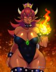  absurd_res animal_humanoid big_breasts bowser bowsette_meme breasts cleavage clothed clothing collar crown cuffs_(clothing) dark_body dark_skin female fire hair hi_res horn huge_hips humanoid koopa_humanoid legwear leotard mario_bros meme nintendo red_eyes red_hair scalie scalie_humanoid solo super_crown thick_thighs thigh_highs video_games wide_hips yamuwu 