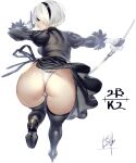  ass black_blindfold black_dress black_hairband blindfold boots covered_eyes dress feather-trimmed_sleeves gloves hairband high_heel_boots high_heels highres juliet_sleeves kawarage leotard long_sleeves mole mole_under_mouth nier_(series) nier_automata puffy_sleeves sword thigh_boots thighhighs thong_leotard weapon white_hair white_leotard yorha_no._2_type_b 