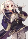  1girl absurdres bangs belt breasts cappu cleavage cowboy_shot eyebrows_visible_through_hair fire_emblem flat_chest grey_background highres hood hood_down index_finger_raised long_hair looking_at_viewer parted_bangs parted_lips red_eyes robe robin_(fire_emblem) robin_(fire_emblem)_(female) simple_background solo standing twintails white_hair 