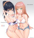  2girls :d animal_print asymmetrical_docking bangs bare_arms bare_shoulders bikini black_hair blue_eyes blush breast_press breasts brown_hair character_name cleavage collarbone commentary_request cowboy_shot gradient gradient_background green_eyes grey_background gridman_universe groin hair_ornament hair_scrunchie hand_up highres kuhnowushi large_breasts layered_bikini long_hair looking_at_viewer micro_shorts minami_yume mismatched_bikini multiple_girls navel open_fly open_mouth orange_scrunchie ponytail revision scrunchie shorts side-tie_bikini smile ssss.dynazenon ssss.gridman stomach swimsuit takarada_rikka thighs tiger_print white_background white_bikini 