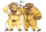  2021 animal_crossing anthro balls barazoku blush bovid bovine brown_body brown_fur cattle drinking eyes_closed felid fur genitals group hi_res humanoid_hands hyaku_(artist) japanese_text kemono lion male mammal moobs musclegut nintendo nipples overweight overweight_male pantherine penis pubes simple_background text towel vic_(animal_crossing) video_games white_background 