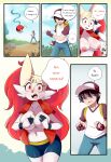  absurd_res anthro blush braixen bray_(lucyfercomic) breasts clothing confusion covering covering_breasts cute_fangs duo excited exposed_breasts female grass hair_over_eyes hat headgear headwear hi_res human inner_ear_fluff lucyfercomic male mammal midriff nintendo outside plant pok&eacute;ball pok&eacute;mon pok&eacute;mon_(species) pok&eacute;mon_trainer rock sparkles speech_bubble tuft video_games 