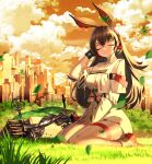  1girl absurdres animal_ears april_(arknights) arknights bangs black_hair bow_(weapon) bunny_ears city closed_eyes cloud compound_bow dress grass hand_up highres infection_monitor_(arknights) leaf long_hair orange_sky outdoors shoes short_dress sitting sky smile solo thigh_strap thighs wanshuibaipo wariza weapon white_dress 