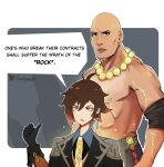  2boys ahoge bald beads brown_eyes brown_hair commentary dwayne_johnson earrings english_commentary english_text eyeliner eyeshadow formal genshin_impact gradient_hair height_difference highres jewelry makeup multicolored_hair multiple_boys muscular muscular_male open_mouth pointing_at_another prayer_beads red_eyeshadow rumigawa31 single_earring suit tassel tassel_earrings the_rock_(dwayne_johnson) trait_connection twitter_username wwe zhongli_(genshin_impact) 
