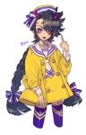  1girl 1other :p androgynous black_hair bow braid buttons coat collared_shirt cropped_legs double-breasted fingernails hair_bow hand_up hat heterochromia highres horizontal_pupils horns long_hair long_sleeves looking_at_viewer middle_finger mismatched_sclera necktie pigeon666 purple_eyes purple_legwear shirt short_necktie simple_background smile solo stitched_arm stitched_face striped striped_bow thighhighs tongue tongue_out twin_braids white_background white_shirt wing_collar yellow_coat yellow_eyes 