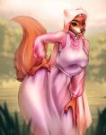  2021 anthro breasts brown_nose canid canine clothed clothing day detailed_background digital_media_(artwork) disney eyebrows eyelashes female fingers fox fur hi_res kristianapuff maid_marian mammal orange_body orange_fur outside robin_hood_(disney) smile solo 