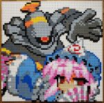  1girl blue_headwear covered_mouth dusknoir fan gen_4_pokemon holding holding_fan lego lego_(medium) long_sleeves looking_at_viewer photo_(medium) pink_hair pixel_art pokemon pokemon_(creature) red_eyes saigyouji_yuyuko short_hair simple_background touhou triangular_headpiece unconventional_media upper_body white_background wide_sleeves you_rei_(blowback) 