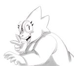  alphys anthro blush breasts buckteeth claws clothed clothing eyewear female fully_clothed gesture glasses greyscale half-length_portrait lizard long_sleeves looking_at_viewer monochrome non-mammal_breasts open_mouth open_smile portrait reptile scalie side_view simple_background smile snoffart solo teeth tongue topwear undertale v_sign video_games 