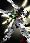  after_war_gundam_x black_background dated glowing glowing_eye green_eyes gundam gundam_double_x highres mecha mobile_suit no_humans open_hands science_fiction shoulder_cannon signature solo v-fin zzz_sakaz 