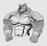  2020 5_fingers absurd_res anthro armor beard big_muscles bracelet cape clothing facial_hair fingers greyscale grin half-length_portrait hi_res humanoid_hands jewelry male mammal monochrome muscular muscular_anthro muscular_male nero_(rubberbuns) portrait simple_background smile solo thebluebear27 ursid 