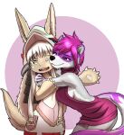  anthro breasts clothed clothing eyebrows eyelashes female fur hair hi_res made_in_abyss mykegreywolf nanachi open_mouth purple_body purple_fur purple_hair red_eyes smile teeth tongue 