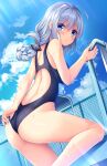  1girl adjusting_clothes adjusting_swimsuit ahoge black_swimsuit blue_eyes blue_sky braid chain-link_fence cloud competition_swimsuit day dutch_angle fence folded_ponytail from_behind from_below highres kizuna_akari one-piece_swimsuit outdoors pool_ladder silver_hair single_braid sky solo swimsuit umitonakai voiceroid 