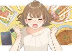  1girl blush booota brown_hair cellphone clenched_hands closed_eyes collarbone commentary_request earrings episode_number food hige_wo_soru._soshite_joshikousei_wo_hirou. jewelry kamaboko mishima_yuzuha narutomaki noodles open_mouth phone polka_dot polka_dot_background ramen short_hair signature smartphone solo upper_body v-shaped_eyebrows wavy_hair wavy_mouth 