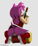  amy_rose anthro anus artist_name big_butt boots bubble_butt butt clothed clothing crouching dress eulipotyphlan eyelashes female footwear genitals glistening glistening_body glistening_skin gloves grey_background hair hammer handwear hedgehog hi_res latchk3y looking_at_viewer looking_back looking_back_at_viewer mammal no_underwear open_mouth piko_piko_hammer pussy rear_view short_hair short_tail simple_background solo sonic_the_hedgehog_(series) thick_thighs tiptoes tools video_games weapon 