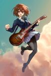  1girl bangs black_footwear black_legwear blue_jacket blue_ribbon blue_skirt brown_eyes brown_hair buttons cloud collared_shirt commentary electric_guitar english_commentary full_body gibson_les_paul guitar hair_ornament hairclip highres hirasawa_yui holding holding_instrument holding_plectrum instrument jacket k-on! looking_to_the_side neck_ribbon open_mouth pantyhose plectrum ribbon school_uniform shirt shoes short_hair signature skirt sky solo uglykao white_shirt 