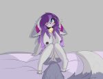  4_toes anthro bed_sheet bedding bell bell_collar big_breasts blue_eyes blush bodily_fluids breasts canid canine collar digital_media_(artwork) ears_down eyelashes eyewear fangs feet female fennec fenrie fenrie_(artist) fox fur genital_fluids genitals glasses gradient_hair grey_body grey_fur hair looking_at_viewer mammal nervous nipples nude pivoted_ears purple_hair pussy pussy_blush scared shadow simple_background sitting solo sweat toes 