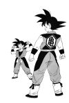  1boy adapted_costume ankle_strap armpit_crease arms_at_sides arms_up bare_arms black_eyes black_footwear black_hair clenched_hands clenched_teeth closed_mouth clothes_writing collarbone dougi dragon_ball from_behind full_body grin happy highres legs_apart looking_at_viewer looking_back looking_to_the_side male_focus monochrome multiple_views pants_tucked_in profile shoes simple_background smile son_goku spiked_hair standing teeth toriyama_akira white_background wristband 
