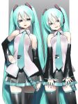  2girls aqua_eyes aqua_hair aqua_neckwear armpit_crease bangs black_legwear black_sleeves breasts clone collared_shirt commentary_request cowboy_shot detached_sleeves grey_background grey_shirt hair_between_eyes hair_ornament hand_on_hip hatsune_miku head_tilt headset highres long_hair multiple_girls nail_polish necktie open_mouth pleated_skirt rsk_(tbhono) shadow shiny shiny_clothes shiny_hair shirt sidelocks skirt sleeveless sleeveless_shirt small_breasts striped striped_background thighhighs twintails upper_teeth very_long_hair vocaloid white_background wide_sleeves 