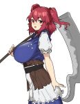  1girl :d bangs breasts eyebrows_visible_through_hair from_side hair_between_eyes hair_bobbles hair_ornament highres houtengeki huge_breasts looking_at_viewer medium_hair onozuka_komachi open_mouth over_shoulder puffy_short_sleeves puffy_sleeves red_eyes red_hair scythe short_sleeves simple_background smile solo touhou twintails weapon weapon_over_shoulder white_background 