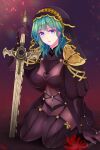  1girl aqua_hair artist_name blue_eyes blurry bodystocking bodysuit breasts byleth_(fire_emblem) byleth_(fire_emblem)_(female) closed_mouth cosplay covered_navel depth_of_field fate/grand_order fate_(series) fire_emblem fire_emblem:_three_houses flower highres holding holding_sword holding_weapon jewelry large_breasts looking_at_viewer medium_hair scathach_(fate) scathach_(fate)_(all) scathach_(fate)_(cosplay) seiza sitting solo spider_lily sword sword_of_the_creator vannila_tea-er veil weapon 