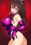  1girl ass bangs breasts brown_hair condom condom_in_mouth condom_wrapper curvy ddalrim detached_sleeves from_side hair_ribbon hand_on_hip highres hypnosis large_breasts leash leotard looking_at_viewer mind_control mouth_hold naughty_face original purple_legwear red_ribbon ribbon shiny shiny_clothes skin_tight skindentation sweat 