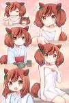  +++ 1girl :d :o animal_ears bangs bare_arms bare_shoulders blush bow brown_eyes brown_hair chibi closed_mouth collarbone commentary_request cup ear_bow eyebrows_visible_through_hair flying_sweatdrops green_bow grey_kimono hair_between_eyes hair_down highres horse_ears horse_girl horse_tail japanese_clothes kimono looking_at_viewer mikurun multicolored_hair multiple_views naked_towel nice_nature_(umamusume) notice_lines obi onsen open_mouth parted_lips sash sitting smile streaked_hair tail towel twintails umamusume yunomi 