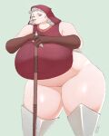  2021 anthro armor big_breasts bottomless bovid breasts caprine clothed clothing curvy_figure female freckles fur gloves grey_hair hair handwear hood huge_breasts hyper hyper_breasts kkoart looking_at_viewer mammal mature_female melee_weapon polearm sheep simple_background slightly_chubby solo standing thick_thighs voluptuous weapon wide_hips wool_(fur) 